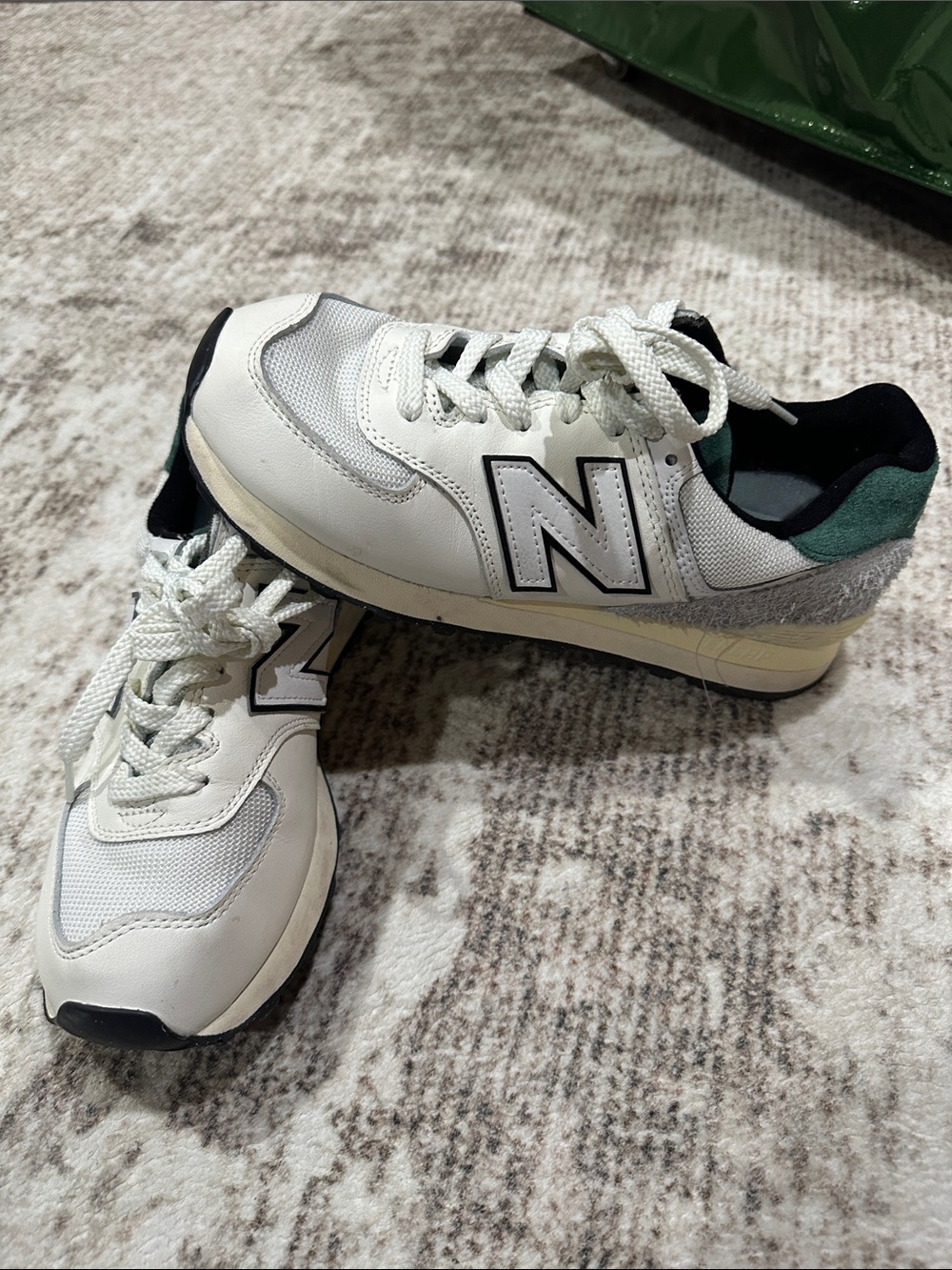 New Balance Women White Sneakers with Green & Gray Accents - Size 7